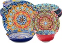 16 Pieces Dinnerware Sets, Service for 4, Plates and Bowls Set, Ceramic Dishes Set for 4, Microwave and Dishwasher Safe, Scratch Resistant, Bohemian Style