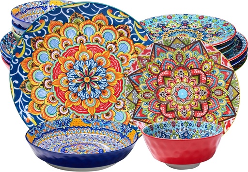 [BRSRABIEDMNBAYLG] 16 Pieces Dinnerware Sets, Service for 4, Plates and Bowls Set, Ceramic Dishes Set for 4, Microwave and Dishwasher Safe, Scratch Resistant, Bohemian Style