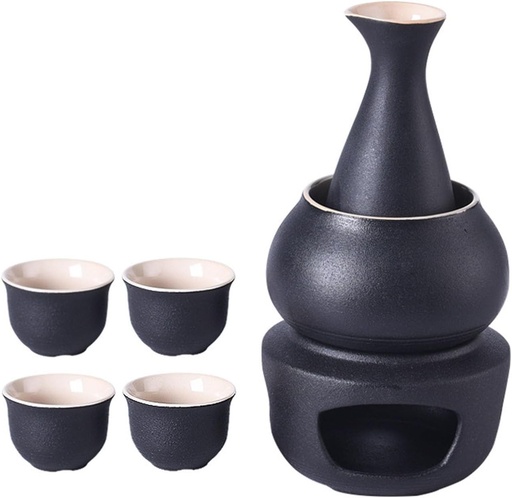 [BRSREHT6CR6ROEYY] Japanese Sake Set with Warmer Ceramic Cups, Traditional Sake Serving Set Black Glaze Texture Handmade Wine Glasses for Cold/Hot/Shochu/Tea Family and Friends