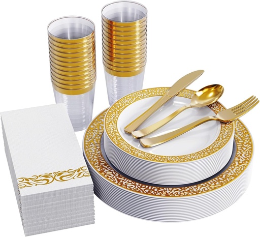 [BRSWGBANBUHGYHLV] FOCUSLINE 175 Ct Gold Dinnerware Set for 25 Guests, Plastic Plates with Gold Lace Rim Design, Including 25 Disposable Dinner & Dessert Plates, Cups, Napkins, Cutlery Set