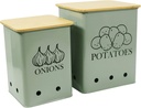 Kitchen Vegetable Storage Tins Set of 2 for Potatoes, Onion, with wooden lid Garlic Bin Caddy, Long Shelf Life-Grayish Green