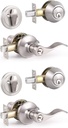 Knobonly 2 Sets of Front Exterior Door Knob Set with Single Cylinder Deadbolts in Satin Nickel Finish, All Keyed Same Combo Pack, Wave Style Entry Door Lever Locks with Combinations