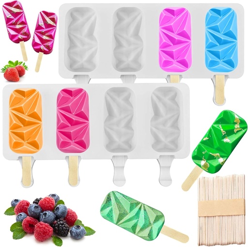 [BRSRACA2CANRSC3V] 2 Pack Silicon Popsicle Molds for Cake Pop, Small 4 Cavities BPA Free Diamond Oval Ice Pop Maker Molds with 50 Wooden Sticks for DIY Ice Cream, Summer Cake Pop, Cakesicles