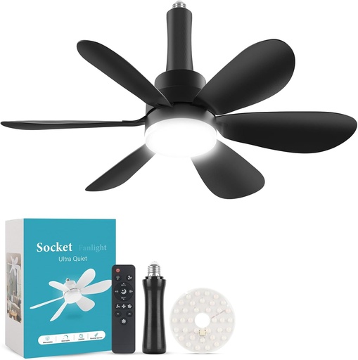 [BRSRAYYPC4MWYDYV] Light Socket Fan, E26 Light Bulb Fan with Spare LED Replacement Board, Socket Ceiling Fans with Lights and Remote Dimmable for Garage Laundry Kitchen Storeroom Black