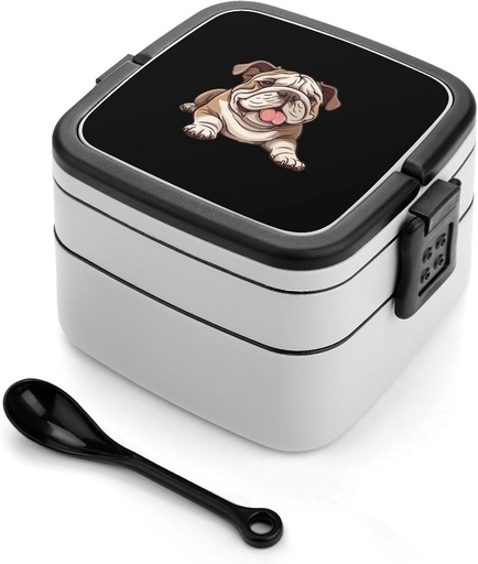 [BRSRAEDRPINRGCLO] Generic English Bulldog Double Layer Bento Box Portable Lunch Box Lunch Storag Container with Spoon
