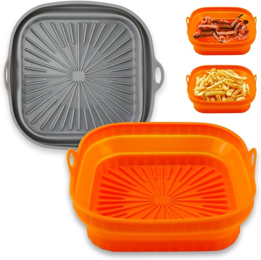 [BRSRMCT7A4OWKCA2] 2Pcs Air Fryer Silicone Pot Square Foldable Air Fryer Silicone Liners 8inch Reusable Basket Liner Air fryer Oven Accessories (Gray and Orange)