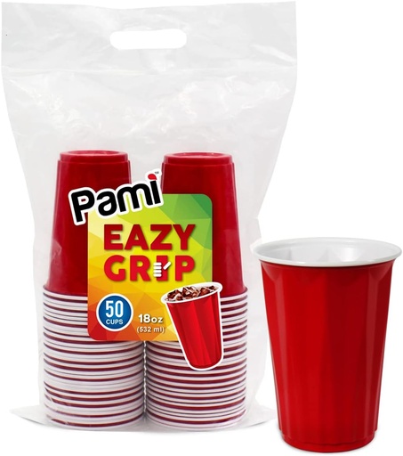 [BRSRMEIEBZ6RQCQZ] PAMI Easy Grip Red Plastic Party Cups [Pack of 50] - 18oz Disposable Drinking Glasses- Plastic Glasses For Iced Tea, Smoothies, Punch, Cocktails & Cold Drinks- Beer/Beerpong Cups In Resealable Bag