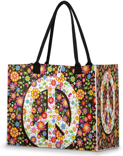 [BRSRMZTQCB6WODLD] Pardick Peace Sign Floral Tote Bag For Women Travel Bag Reusable Grocery Bag Utility Tote For Work Shopping Pool Beach Bag for Gift Outdoor