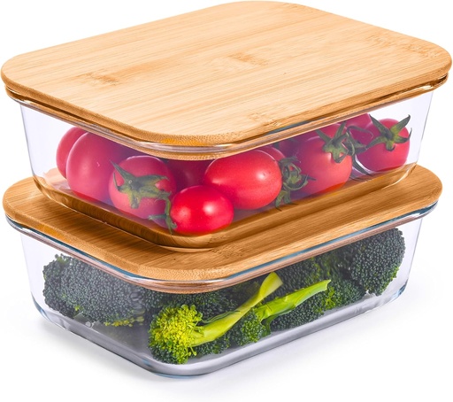[BRSRMHYOOACAIGTA] Prosumer's Choice Glass Food Storage Containers with Bamboo Lids (Pack of 2) - Stackable Meal Prep Container - Airtight Glass Food Containers with Lids - Reusable Lunch Pack - 36 Oz