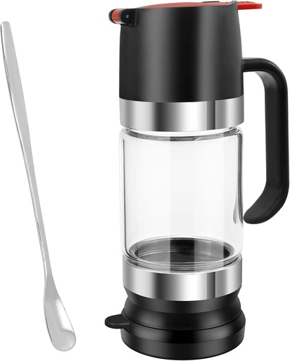 [BRSREFI7AUBBAHT3] Glass Honey Dispenser Pot 300ml Easy Refill Syrup Dispenser Jar with Handle and Spoon Honey Jar Clear Maple Syrup Dispenser No Drip Honey Container Pot for Honey Syrup