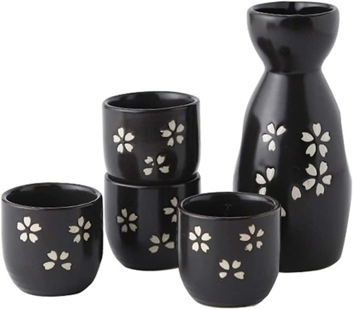 [BRSREHT6CB7GYHLO] Pottery Sake Set, 5 Pieces,Japanese Sake Cup Set,Traditional Porcelain Cup Craft Gift,Pottery Porcelain Crafts Wine Cups for Family and Friends (Black)