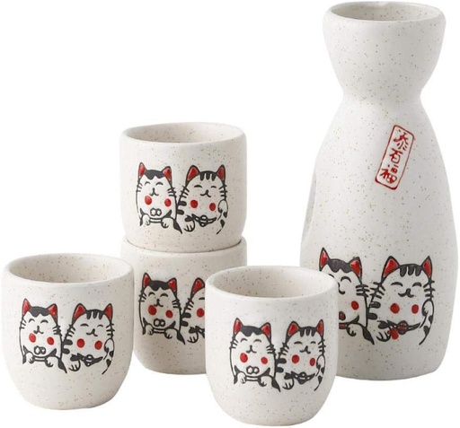 [BRSW2YAFCEHW2YL2] Ceramic Lucky Cat Japanese Sake Set,1 Tokkuri Bottle and 4 Ochoko Cups