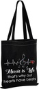 MBMSO Music Canvas Tote Bag Music Lover Bag Music Teach Musician Gift Music Is Life That’s Why Our Hearts Have Beats Bag