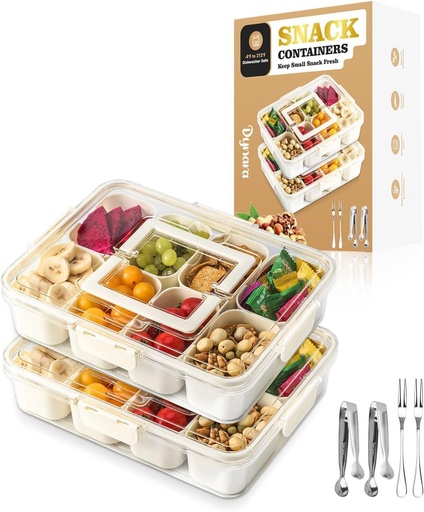 [BRSRAFQKBMPQAD3V] 2 Pack Snackle Box Container Dishwasher Safe, German Heat Resistant Material, Divided Trays with Lid & Handle Perfect for Fridge Organization Travel Charcuterie Boards & Portable Snack Platters