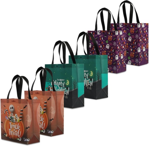 [BRSRMCQTOF6RSGT6] Earthwise Reusable Small Candy Totes Halloween Heavy Duty Water Resistant Material Assorted Holiday Prints (Pack of 6)
