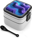 Wavy Purple Bento Box with Spoon, 2-layer Stackable Lunch Box Leak Proof with Invisible Handle, Insulated Food Storage for Office, Picnic & Travel