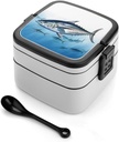 All-in-One Bento Box Stackable Leak-Proof Lunch Box With Carry Handle 2 Layer Portable Meal Prep Container Bluefin Tuna Thunnus Lunchbox with Utensils for Dining Out Work