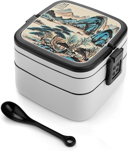 [BRSRE2QHOYNQGELA] Ink Painting Mountain Tree Bento Box Leak-Proof Double Layered Lunch Containers with Spoons And Invisible Handle, Portable Lunch Boxes for Work Picnic Travel