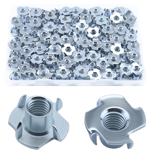 [BRSREEI3DMCR43L6] 1/4"-20 T-Nuts, 100PCS Zinc-Plated Steel Corrosion Resistant, 5/16" Barrel Length, 4-Pronged Tee Nut for Wood, Rock Climbing Holds, Cabinetry, Furniture