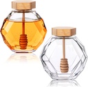 Droutti 2 Pcs 12 oz Honey Pot Jars Clear Honey Dispenser Glass Hexagon Shape Honeypot with Wooden Spiral Drip Dipper and Cork Lid Honey Container for Home Storage Syrup Kitchen