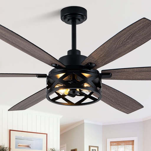 [BRSREGDRAUCGYETL] 60 Inch Farmhouse Ceiling Fans with Lights and Remote Large Black Caged Rustic Chandelier Ceiling Fan for Bedroom Living Room Quiet and Reversible DC Motor 6 Speeds