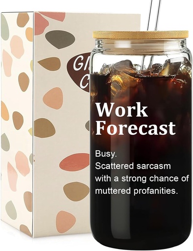 [BRSREYAHAEMGEHTL] Work Forecast Glass Cup with Lid and Straw - Funny Work Gifts Cubicle Desk Accessories Decoration, Office Decor for Women Men, Cool Things to Put on Your Desk, Iced Coffee Cup for Women, 16 oz