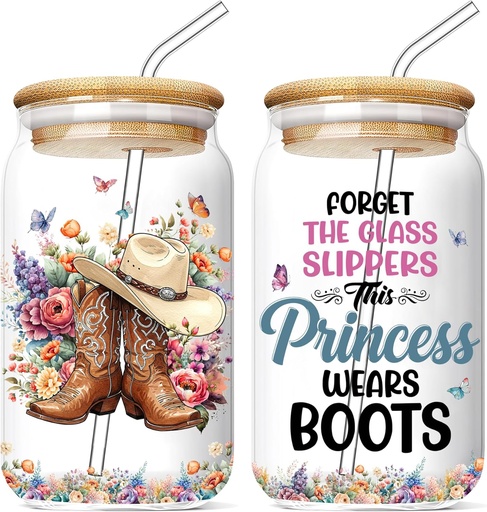 [BRSREFD3OJYA22DA] Western Cowgirl 16 Oz Glass Cup with Lid and Straw Cowgirls Hat Boots Iced Coffee Mug Funny Country Tumbler Glasses Birthday Valentines Mothers Day Christmas Gifts for Women Mom Wife