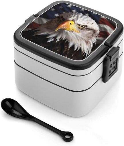 [BRSRAZILDMIQ42TZ] All-in-One Bento Box Stackable Leak-Proof Lunch Box With Carry Handle 2 Layer Portable Meal Prep Container America Flag Lunchbox with Utensils for Dining Out Work