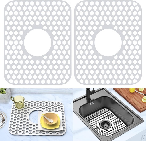 [BRSRAAACOEIWG3LB] 2 Pack Silicone Sink Protector for Kitchen Sink Bathroom, 13.58"x 11.6" Heat-resistant Sinks Mat, Non-Slip and Durable Sinks Protectors Silicone, Center Drain (White)