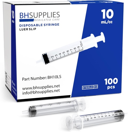 [BRSWGGIYCN7W2C3K] BH Supplies 10ml Luer Slip Tip Syringes (No Needle) - Sterile, Individually Wrapped - 100 Syringes