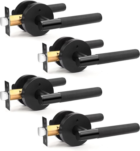[BRSREHT3BNYWE2T7] Matte Black Privacy Door Handle Modern, 4 Pack Keyless Interior Door Lever, Knurled Round Door Lock Set for Bedroom and Bathroom, Reversible for Right & Left Side