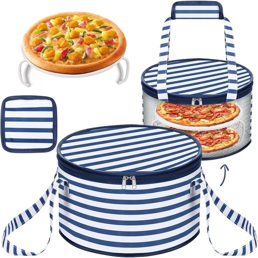 [BRSRA2QZBAPAYD3F] Pickmesh Round Pie Carrier 12 x 7 Inch Insulated Casserole Carriers with Lid and Detachable Handle for Hot or Cold Food Cake Transport Thanksgiving Christmas Gift (Blue White Stripes)