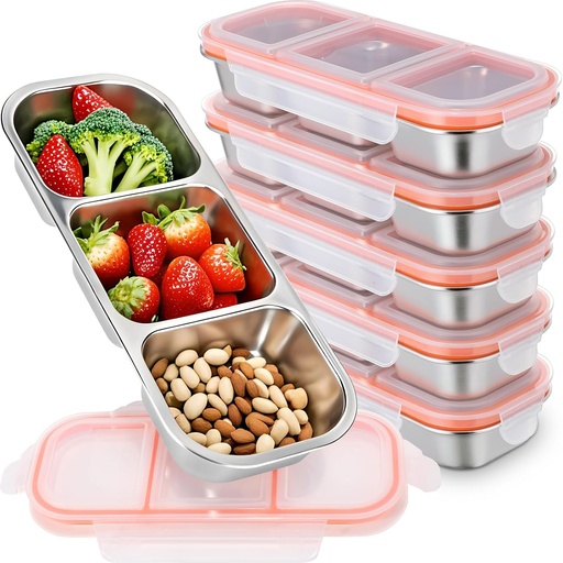 [BRSREZIYCMHAKYDG] Tioncy 6 Pcs 304 Stainless Steel Bento Box, 30 oz Food Storage Containers Snack Boxes with Leakproof Lids Metal Divided Lunch Box Food Container Dishwasher Safe for Salads Picnic(3 Compartments)