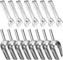 16-Piece Stainless Steel Ice Scoop and Tongs Set, Includes 8 Scoops and 8 Tongs for Freezer, Ice Machines, and Easy Cleanup