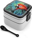 Colorful Parrot Bento Box Adult Lunch Box All-in-One Lunch Containers with Removable Compartments Double Layer Bento Lunch Box with Spoon And Handle Stackable Lunchbox