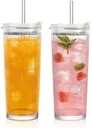 WERTIOO 20 Oz Ribbed Glass Tumblers with Straw and Lid, Glassware Drinking Glasses Set of 2, Leak Proof Ice Coffee Cups Reusable, Thickened Glass, Ideal for Iced Coffee, Smoothies and Juices