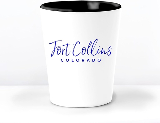 [BRSRAZQBCMBBU33J] Fort Collins CO Ceramic 1.5 Ounce Souvenir Shot Glass - White With Black Interior - Bachelor & Bachelorette Party Favors - Bridesmaid & Groomsmen Present - Colorado Home Town Decoration