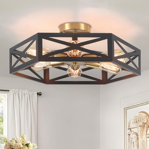 [BRSRAAYHBUHR6H37] 19.6" Rustic Foyer Lighting Fixtures, Farmhouse Light Fixtures with Metal Cage Modern Black and Gold Hallway Light Fixture Black Ceiling Light for Bedroom Bathroom Foyer