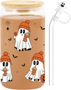 Cute Ghost Iced Coffee Cup with Straw Topper – Coffee Spirit Glass Tumbler with Bamboo Lid – Funny Spooky Gifts for Women, Teens – Fall Aesthetic Christmas Stocking Stuffers