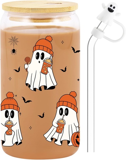 [BRSREGQCCMBWA2TX] Cute Ghost Iced Coffee Cup with Straw Topper – Coffee Spirit Glass Tumbler with Bamboo Lid – Funny Spooky Gifts for Women, Teens – Fall Aesthetic Christmas Stocking Stuffers