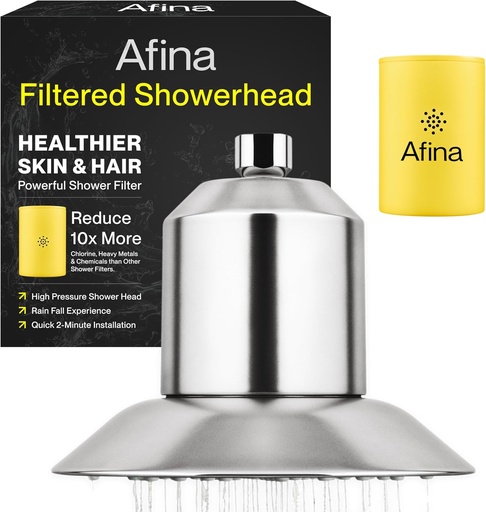 [BRSROCQQDIHWCEL2] Afina Filtered Shower Head - Water Softener Showerhead with KDF-55 Shower Filter for Hard Water - High Pressure Rain Fall Experience - Universal Fit (Brushed Nickel)
