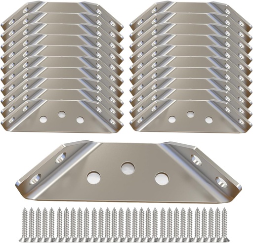 [BRSROCD2DIIR4EL4] Universal Stainless Steel Furniture Corner Connector Heavy Duty Corner Bracket,20 Pcs Angle Brackets Hardware Bracket Silver Metal Corner Braces for Wood with Screws, Shelf Supports Aufuga (20)