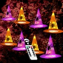Twinkle Star 8 Pcs Lighted Hanging Witch Hats, Halloween Decorations Lighted Witch Hats with Remote Control String Lights, Battery Powered with 8 Lighting Modes for Garden, Yard, Tree