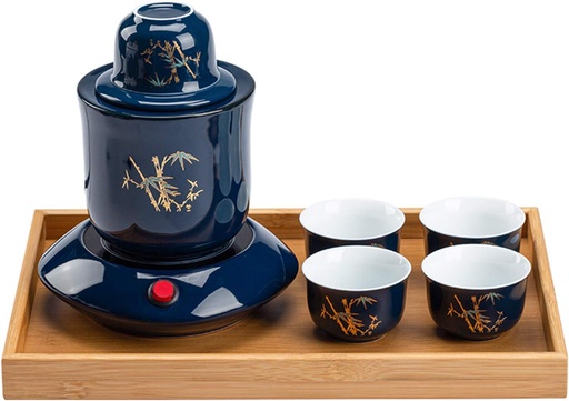 [BRSROBLYCIDWMFDA] Ceramic Sake Set, Sake Set with Cup Warmer and Tray, Traditional Hot Saka Set 9-Piece Including 1Pc Warming Mug, 1Pc Sake Pot, 5Pcs Sake Cups,Plum (Color : Orchid) (Bamboo D) (Bamboo D)