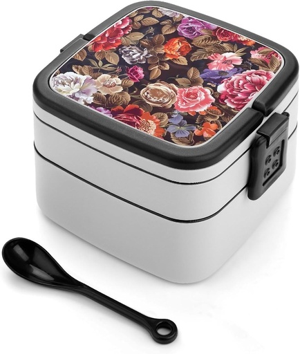 [BRSRAAD6OABGCHQU] Elegant Roses Floral Pattern Lunch Box with Handle Stackable 2 Layer Leak-Proof Bento Box Portable Food Containers for Unisex