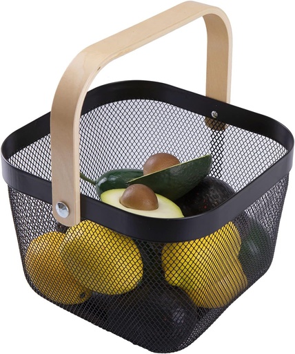 [BRSW22YHCADWMCL4] IBWell Square Metal Wire Woven Fruit Storage Bowl Basket with Wooden Handle, Large Black Mesh Fruit Stand, Multi-function Hanging Kitchen Baskets (Black, Normal)
