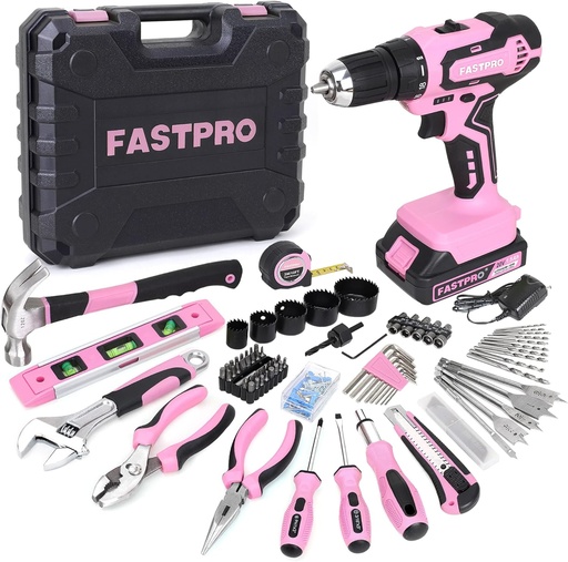 [BRSW2HDQOQIWCDY6] FASTPRO 177-Piece 20V Pink Cordless Lithium-ion Drill Driver and Home Tool Set, Lady's Home Repairing Tool Kit with Drill in Storage Case