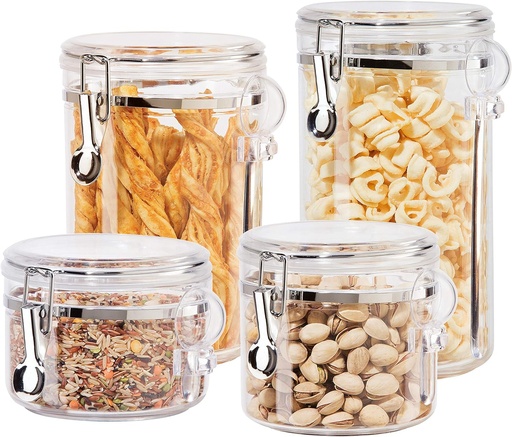 [BRSWIYT3C56Q4FIZ] Oggi 4pc Clear Canister Set with Clamp Lids & Spoons - Airtight Food Storage Containers, Ideal for Kitchen & Pantry Storage of Bulk, Dry Food Including Flour, Sugar, Coffee, Rice, Tea, Spices & Herbs