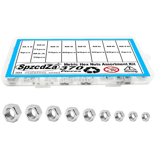 [BRSREYDYDJ7WMFLU] 370pcs Metric Hex Nuts Assortment Kit,Hardware Nuts M2 M2.5 M3 M4 M5 M6 M8 M10 M12 304 Stainless Steel 18-8 External Hex nut Set Hex Machine Screw Nut