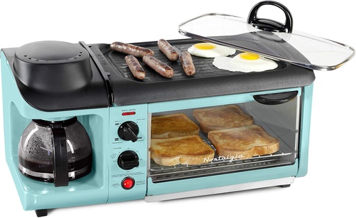 [BRSWGCYPA4CGADY2] Nostalgia 3-in-1 Breakfast Station - Includes Coffee Maker, Non-Stick Griddle, and 4-Slice Toaster Oven - Versatile Breakfast Maker with Timer - Aqua